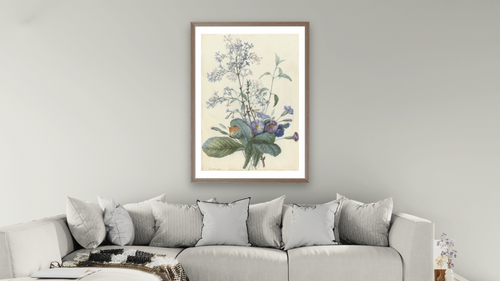 A Bouquet of Flowers with Insects by Pierre Joseph Redouté, shown at 28 × 42 in (71.1 × 106.7 cm) in Arber Light Walnut, living [arteriel-render:v6:room_b:28x42@50,36]