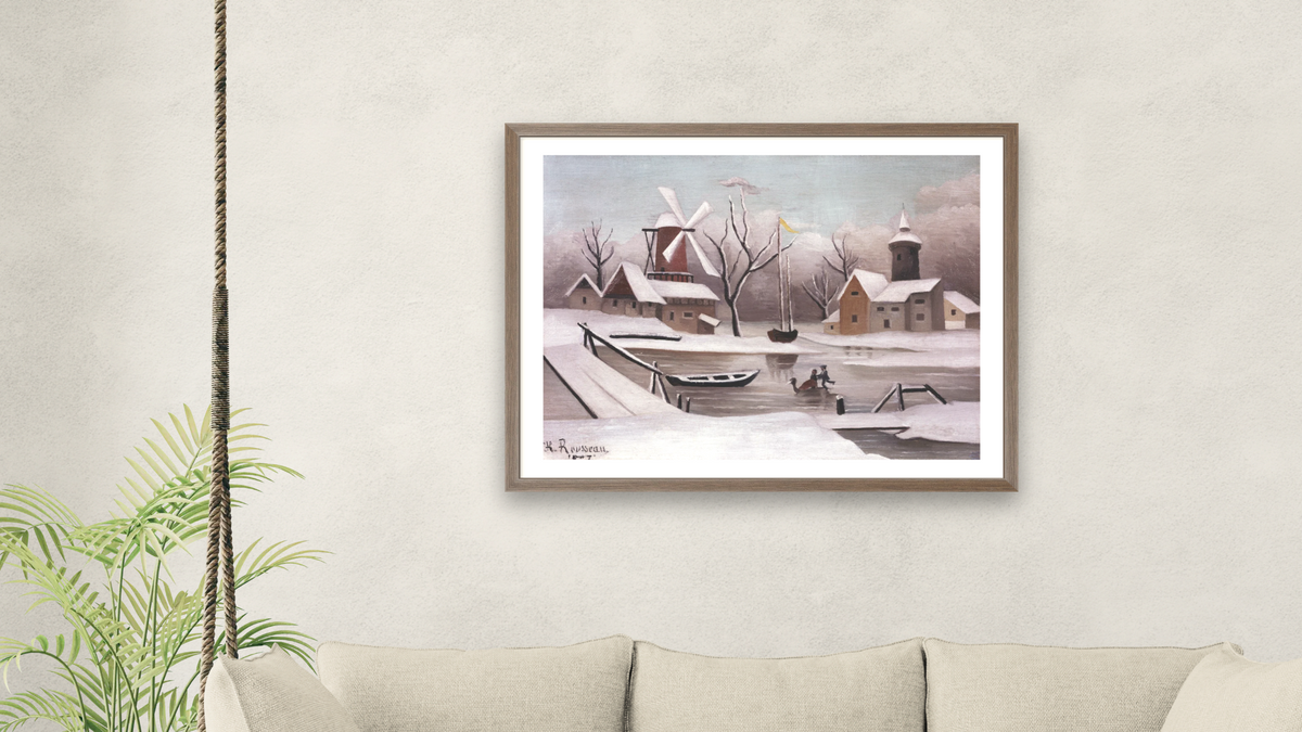 Ice Skaters on a Frozen Pond by Henri Rousseau, shown at 30 × 40 in (76.2 × 101.6 cm) in Arber Light Walnut, living