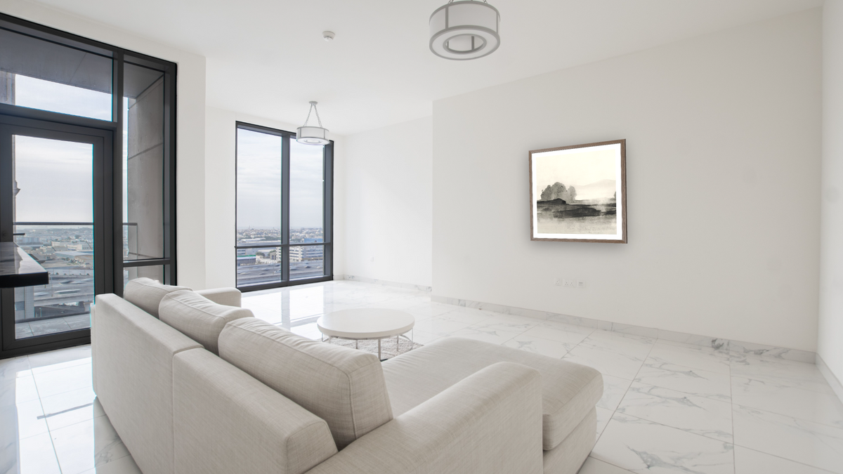 Land 1 SQ by Dan Hobday, shown at 32 × 32 in (81.3 × 81.3 cm) in Arber Light Walnut, living