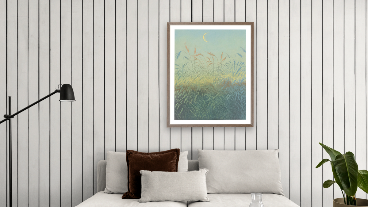 Crescent moon over a field of ears by Arthur Illies, shown at 32 × 40 in (81.3 × 101.6 cm) in Arber Light Walnut, living