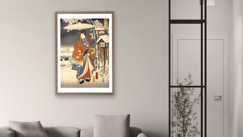 A modern version of the Tale of Genji in snow scenes by Toyokuni Utagawa, shown at 28 × 42 in (71.1 × 106.7 cm) in Arber Light Walnut, living [arteriel-render:v6:room_b:28x42@35,39]