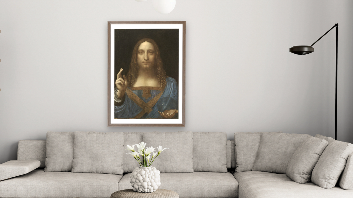 Salvator Mundi by Leonardo da Vinci, shown at 28 × 42 in (71.1 × 106.7 cm) in Arber Light Walnut, living
