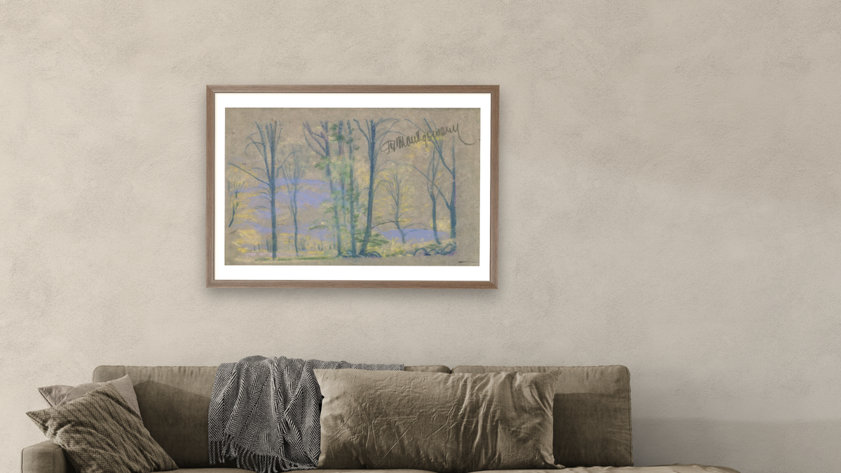 Landscape with trees from A.B. Davies book, edition #23/50 by Arthur Bowen Davies, shown at 28 × 42 in (71.1 × 106.7 cm) in Arber Light Walnut, living