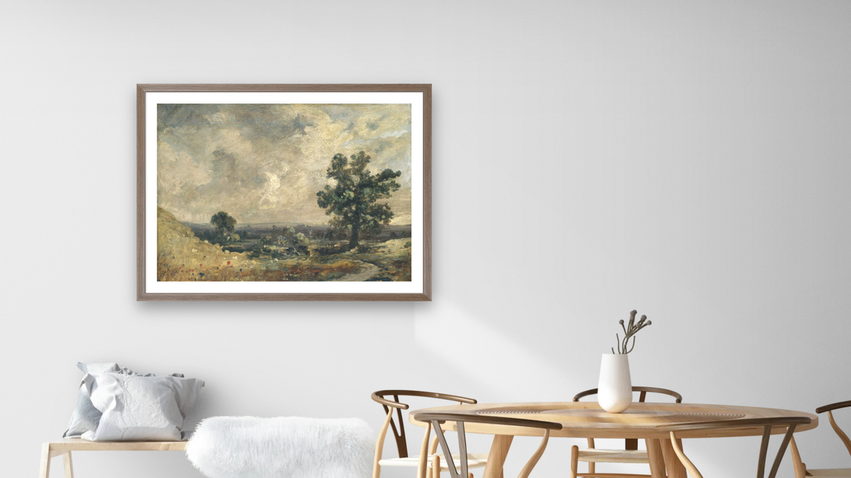 English Landscape, undated by John Constable, shown at 30 × 40 in (76.2 × 101.6 cm) in Arber Light Walnut, dining