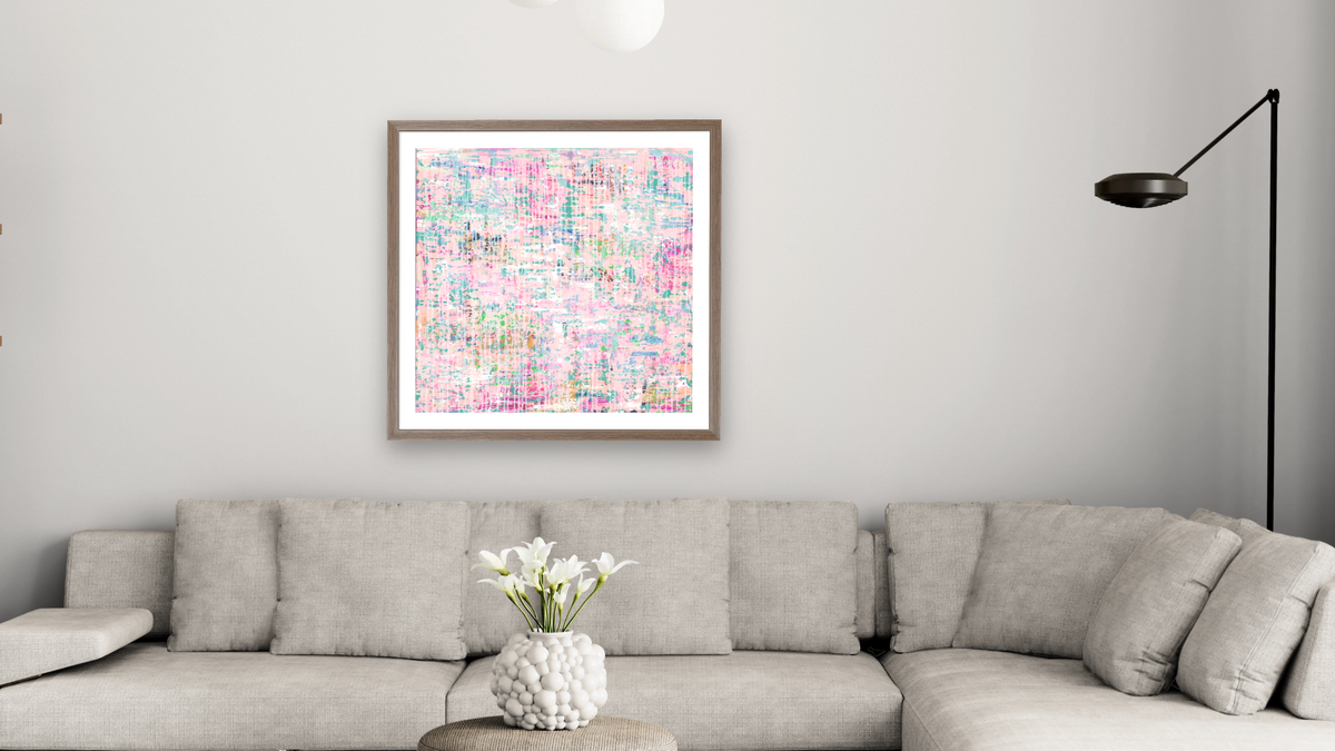 Pink Rain by Emily Herrera, shown at 32 × 32 in (81.3 × 81.3 cm) in Arber Light Walnut, living