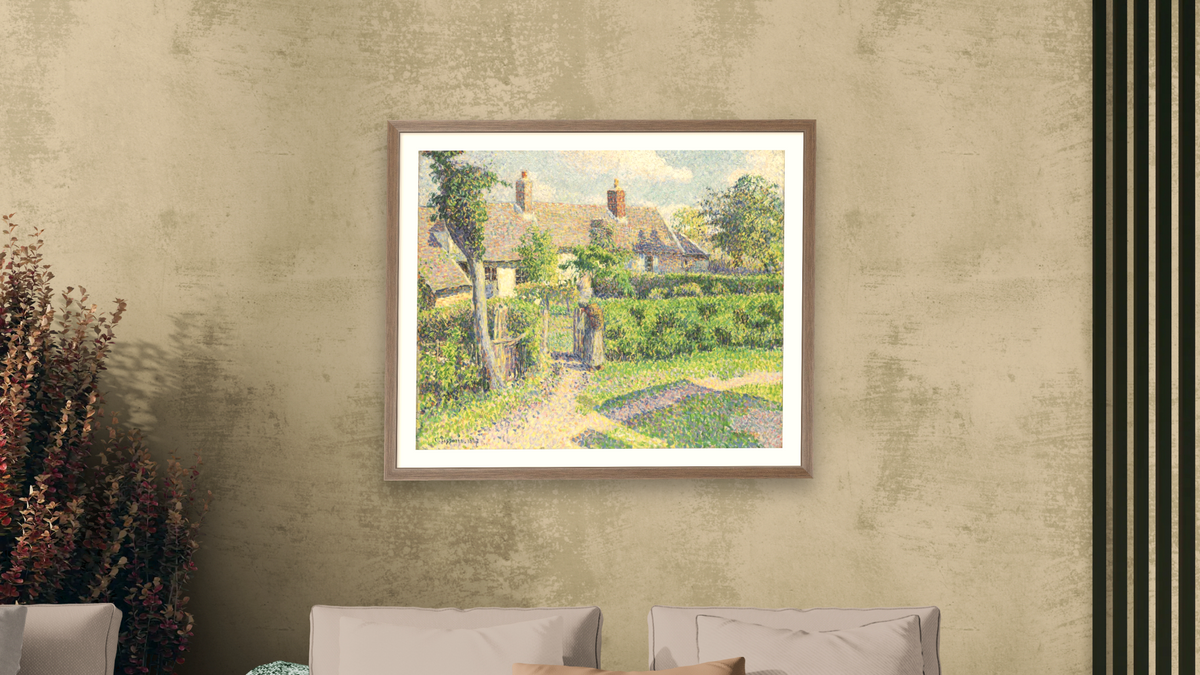 Peasants' houses, Eragny by Camille Pissarro, shown at 32 × 40 in (81.3 × 101.6 cm) in Arber Light Walnut, living