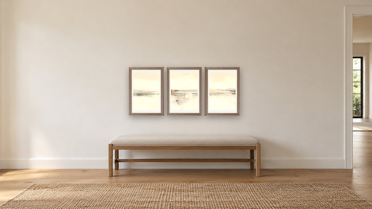 Triptych — Calm Set 3 × Calm Set 2 × Calm Set 1, shown at 14 × 21 in (35.6 × 53.3 cm) in Arber Light Walnut, hallway