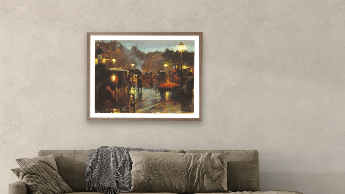 Paris at Night by Charles Courtney Curran, shown at 30 × 40 in (76.2 × 101.6 cm) in Arber Light Walnut, living