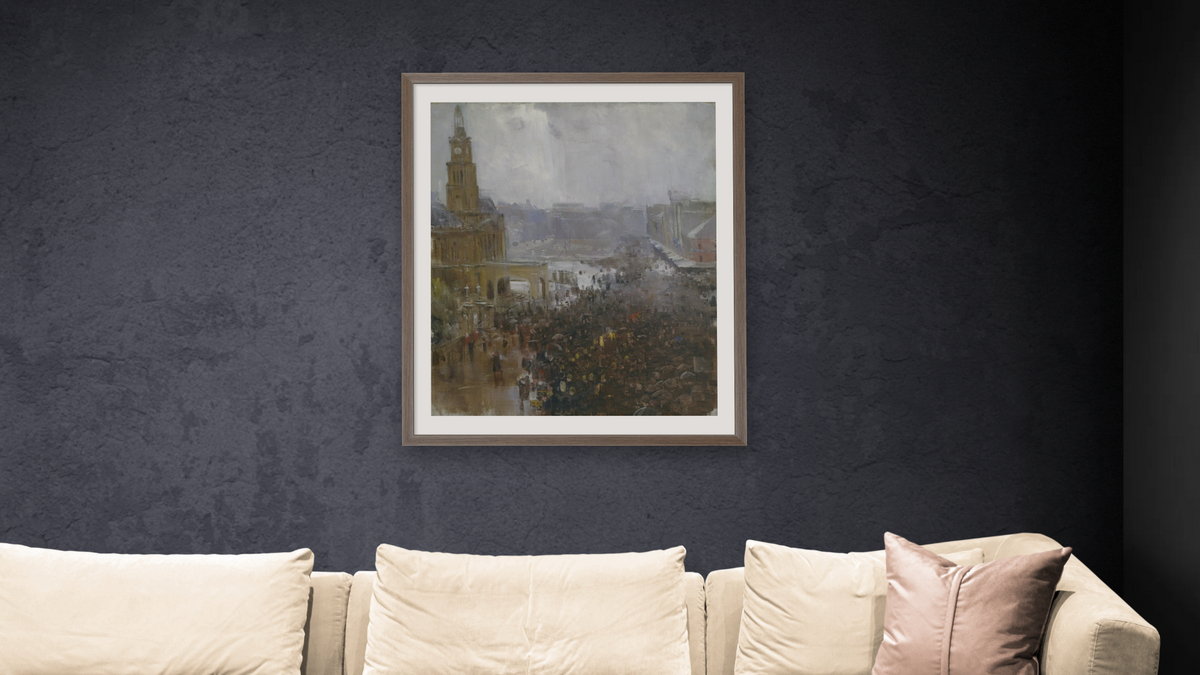 Fireman's funeral, George Street by Arthur Streeton, shown at 32 × 40 in (81.3 × 101.6 cm) in Arber Light Walnut, living