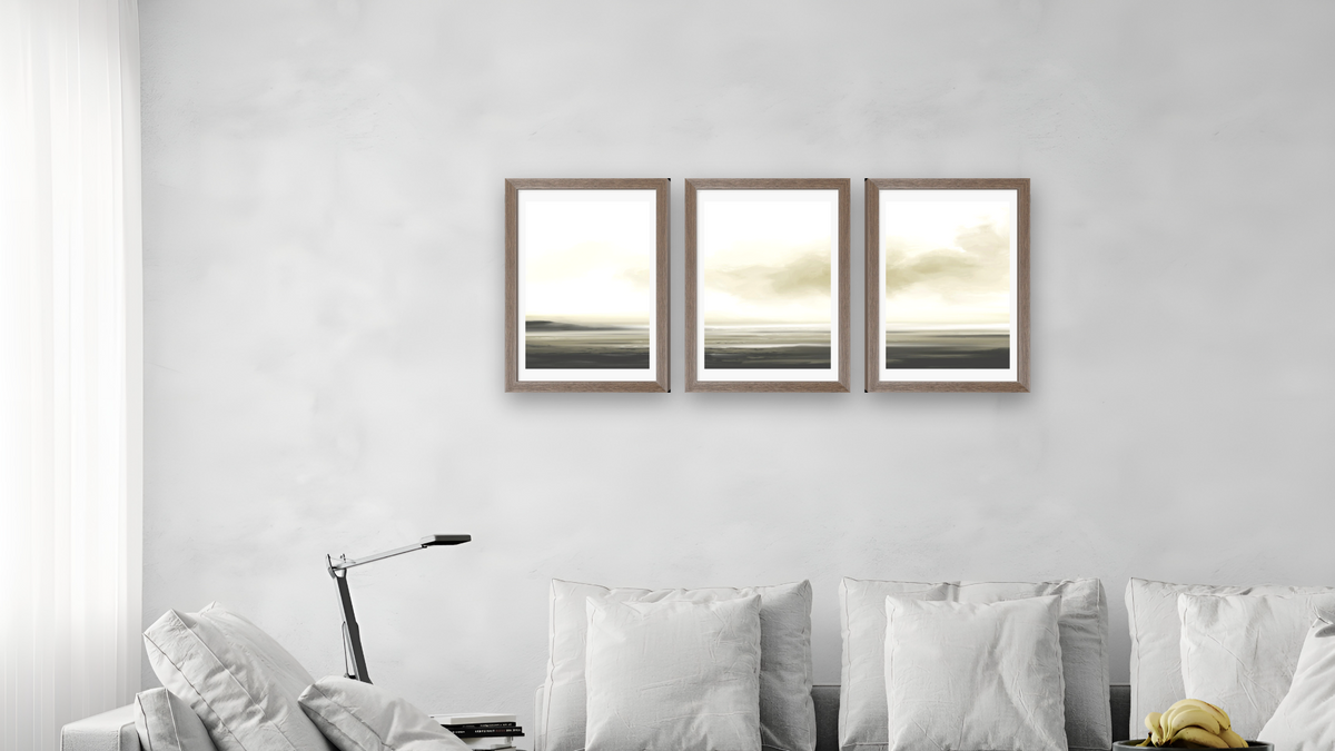 Triptych — Marsh Set 1 × Marsh Set 2 × Marsh Set 3, shown at 14 × 21 in (35.6 × 53.3 cm) in Arber Light Walnut, living