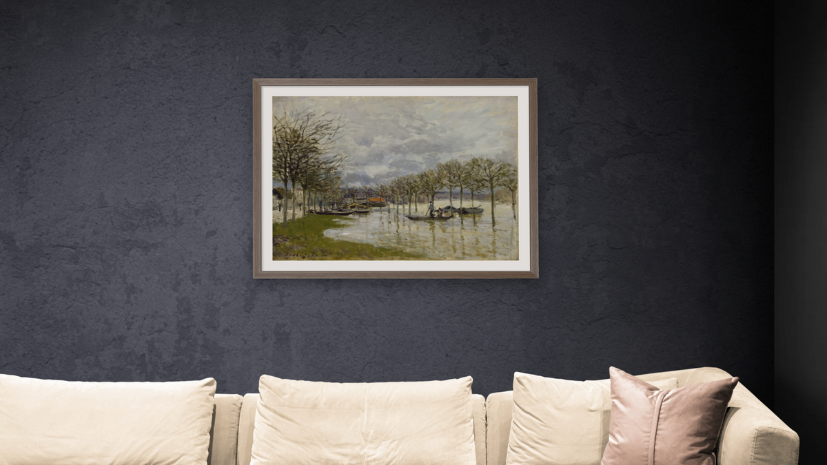 The Flood on the Road to Saint-Germain by Alfred Sisley, shown at 30 × 40 in (76.2 × 101.6 cm) in Arber Light Walnut, living