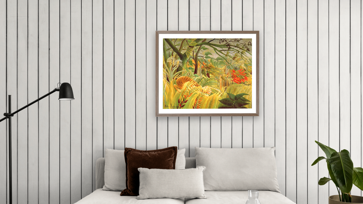 Tiger in a Tropical Storm (Surprised!) by Henri Rousseau, shown at 32 × 40 in (81.3 × 101.6 cm) in Arber Light Walnut, living