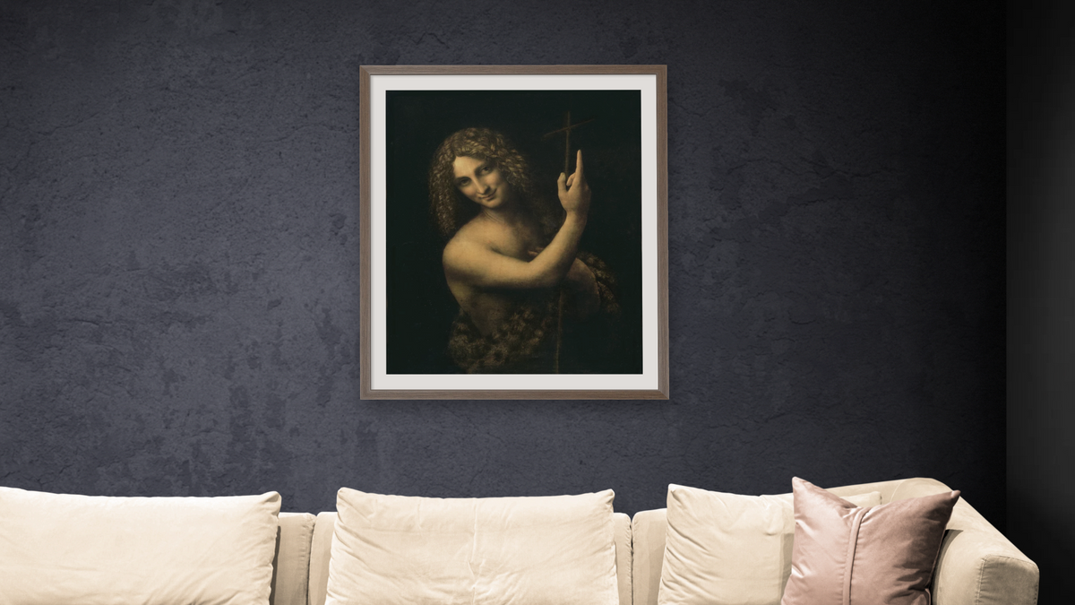 St. John the Baptist by Leonardo da Vinci, shown at 32 × 40 in (81.3 × 101.6 cm) in Arber Light Walnut, living
