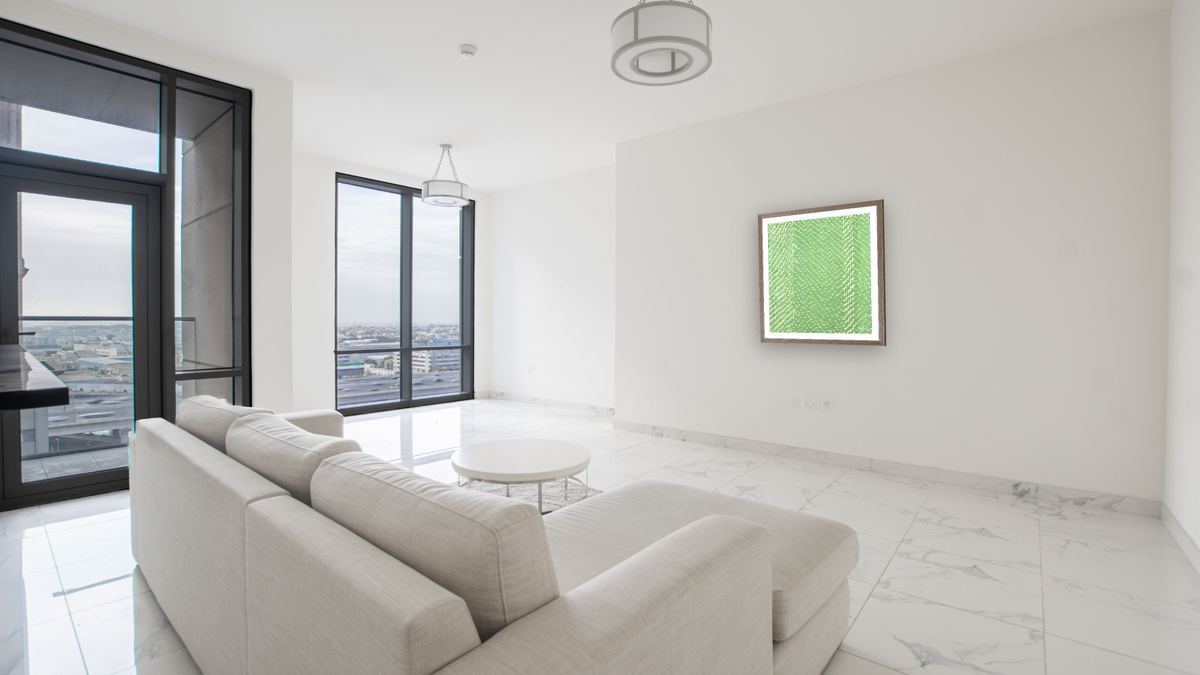 Spring Grass by Alma Thomas, shown at 29 × 32 in (73.7 × 81.3 cm) in Arber Light Walnut, living