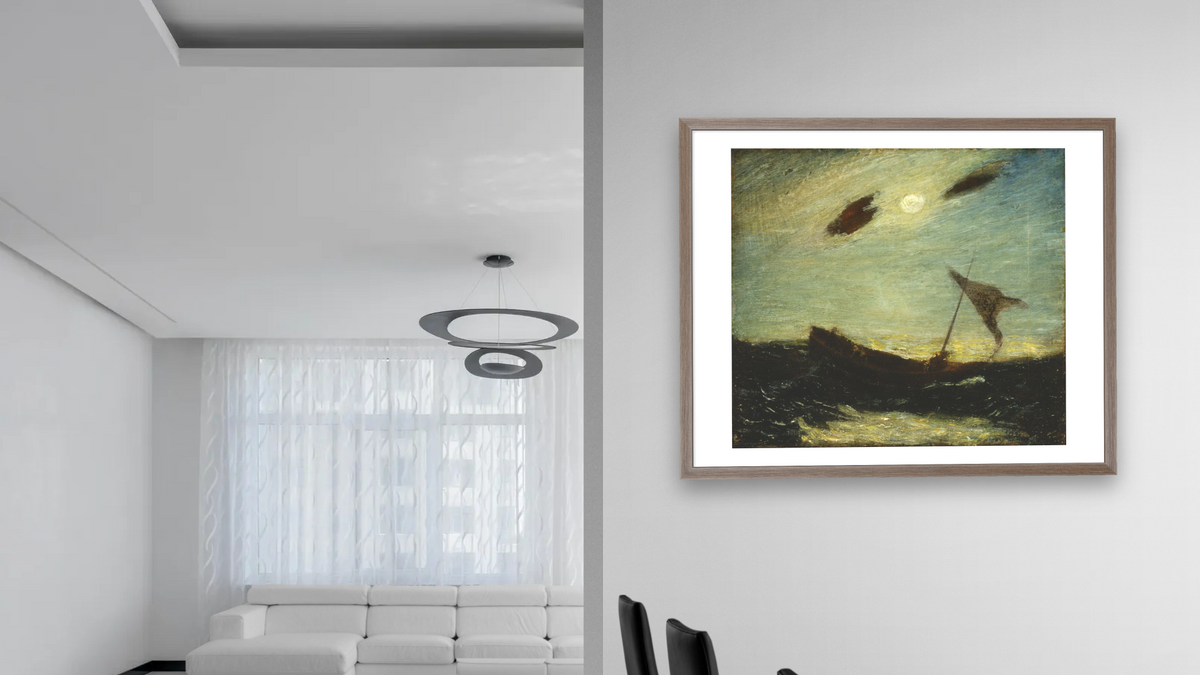 Moonlight by Albert Pinkham Ryder, shown at 32 × 40 in (81.3 × 101.6 cm) in Arber Light Walnut, dining