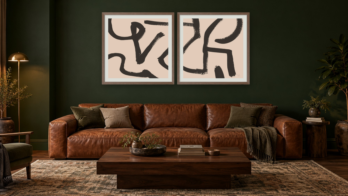Diptych — Berf 1 × Berf 2, shown at 32 × 32 in (81.3 × 81.3 cm) in Arber Light Walnut, den