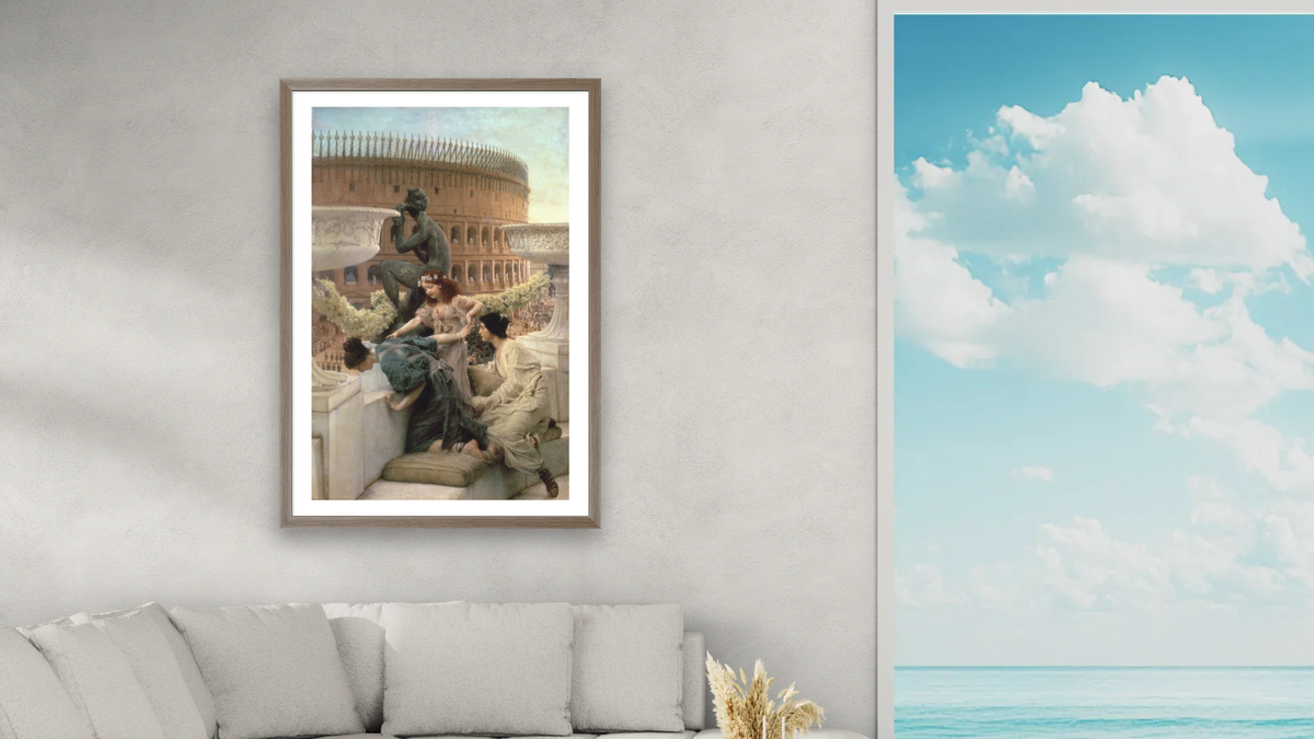 The Coliseum by Lawrence Alma-Tadema, shown at 28 × 42 in (71.1 × 106.7 cm) in Arber Light Walnut, living