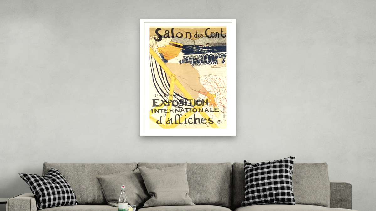 Poster advertising the 'Exposition Internationale d'Affiches', Paris, c.1896 by Henri de Toulouse-Lautrec, shown at 28 × 42 in (71.1 × 106.7 cm) in Arber Light Walnut, living