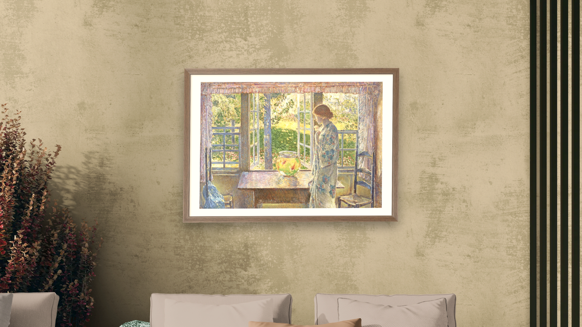 The Goldfish Window by Childe Hassam, shown at 28 × 42 in (71.1 × 106.7 cm) in Arber Light Walnut, living