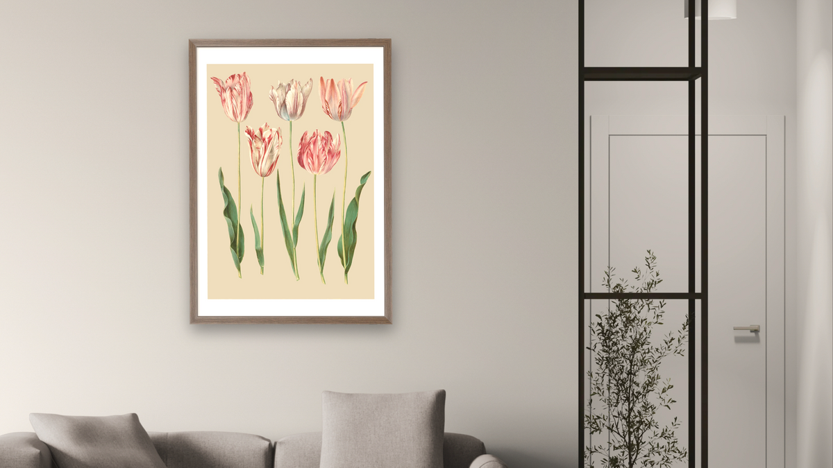 Tulipa gesneriana by Johannes Simon Holtzbecher, shown at 28 × 42 in (71.1 × 106.7 cm) in Arber Light Walnut, living