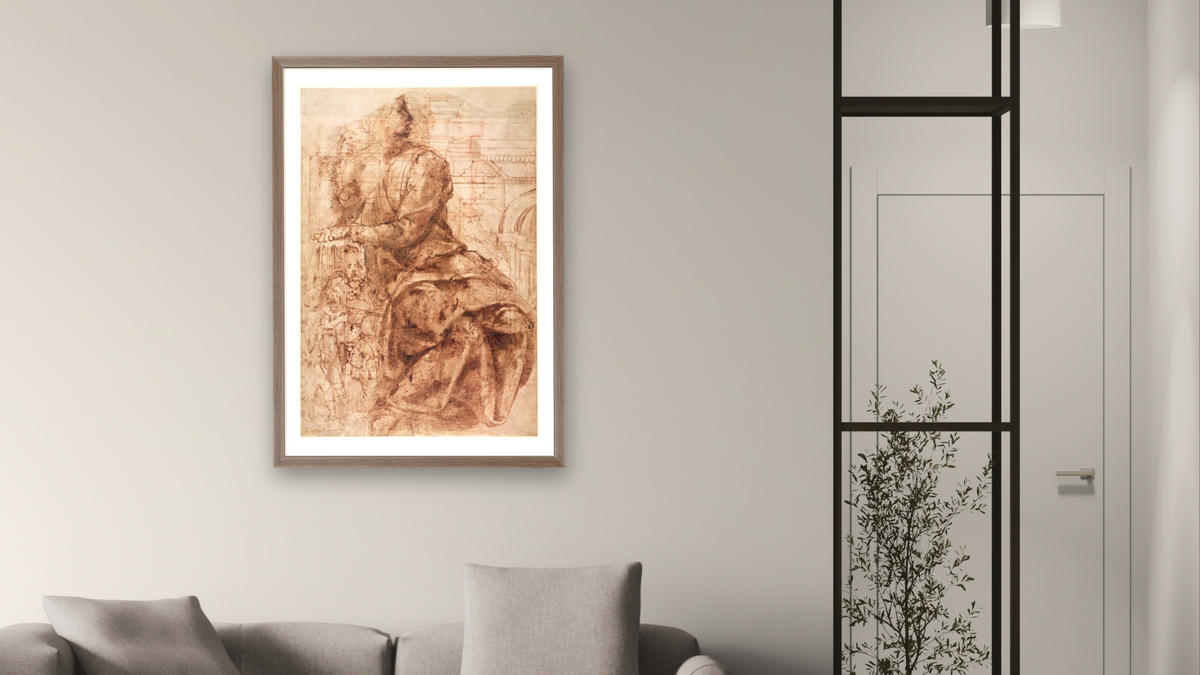 Study of Sibyl by Michelangelo Buonarroti, shown at 28 × 42 in (71.1 × 106.7 cm) in Arber Light Walnut, living
