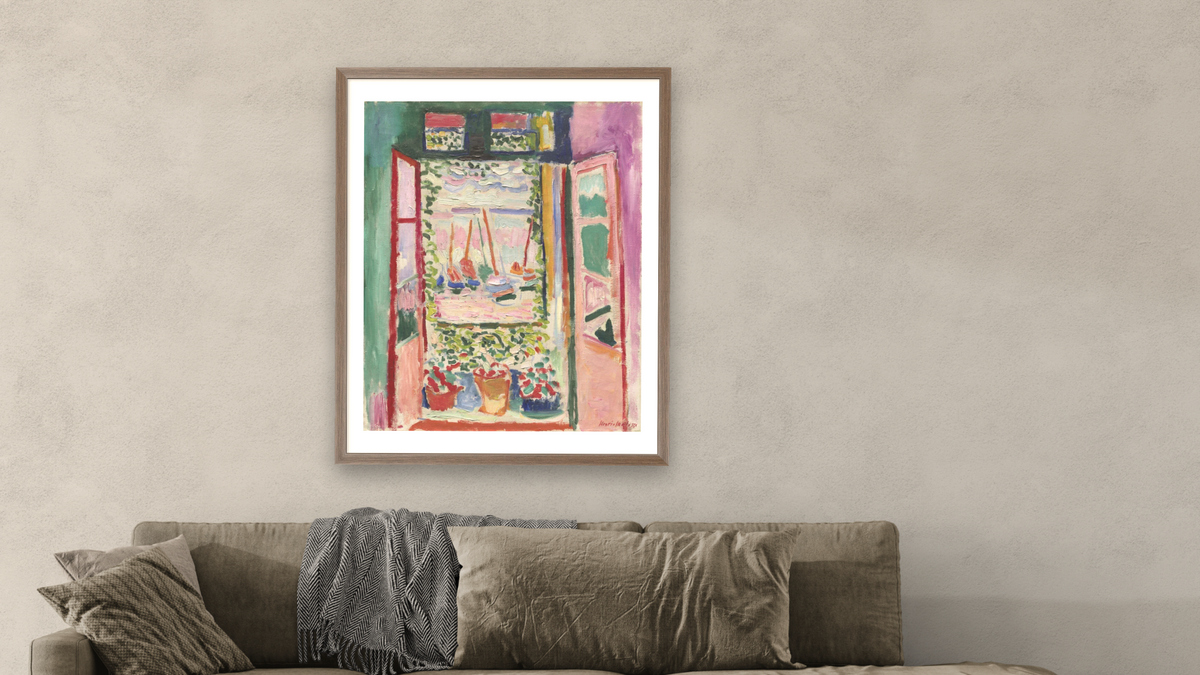 Open Window, Collioure by Henri Matisse, shown at 32 × 40 in (81.3 × 101.6 cm) in Arber Light Walnut, living