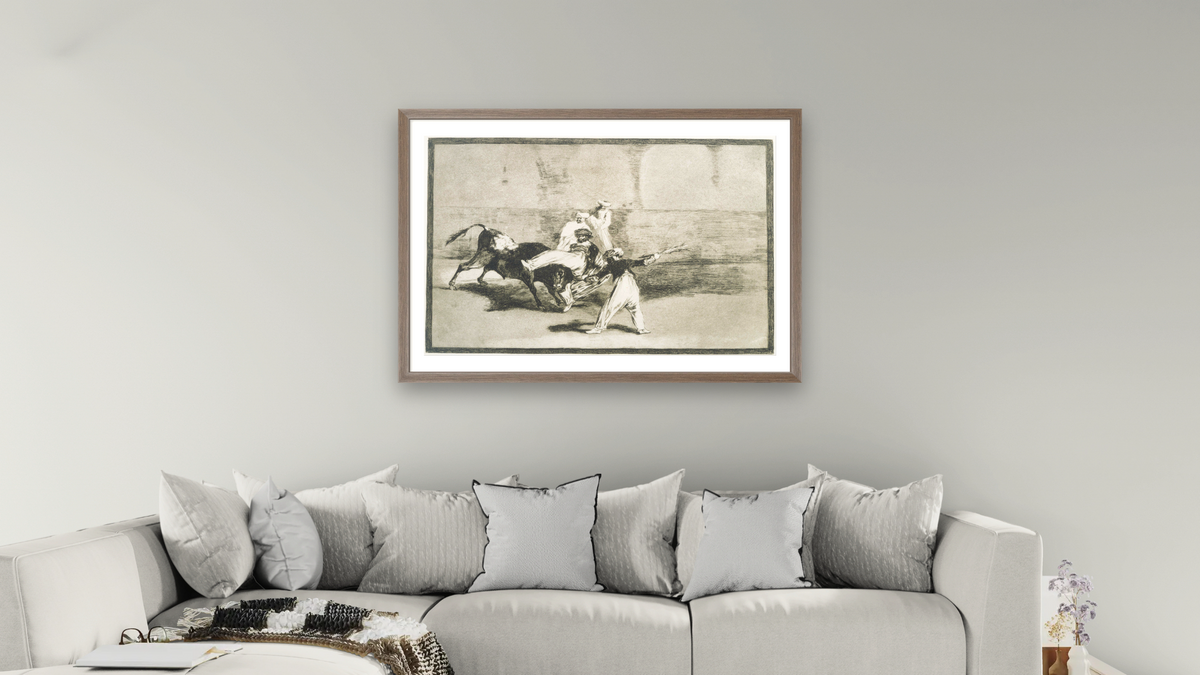 A Moor Caught by the Bull... from La Tauromaquia by Francisco José de Goya, shown at 28 × 42 in (71.1 × 106.7 cm) in Arber Light Walnut, living
