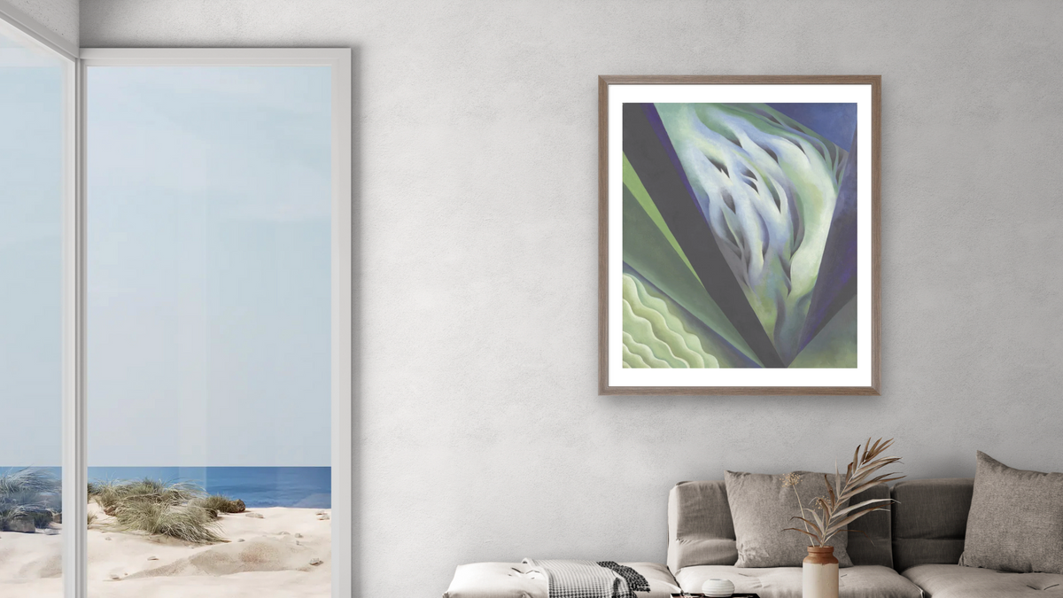 Blue and Green Music by Bridgeman Images, shown at 32 × 40 in (81.3 × 101.6 cm) in Arber Light Walnut, living