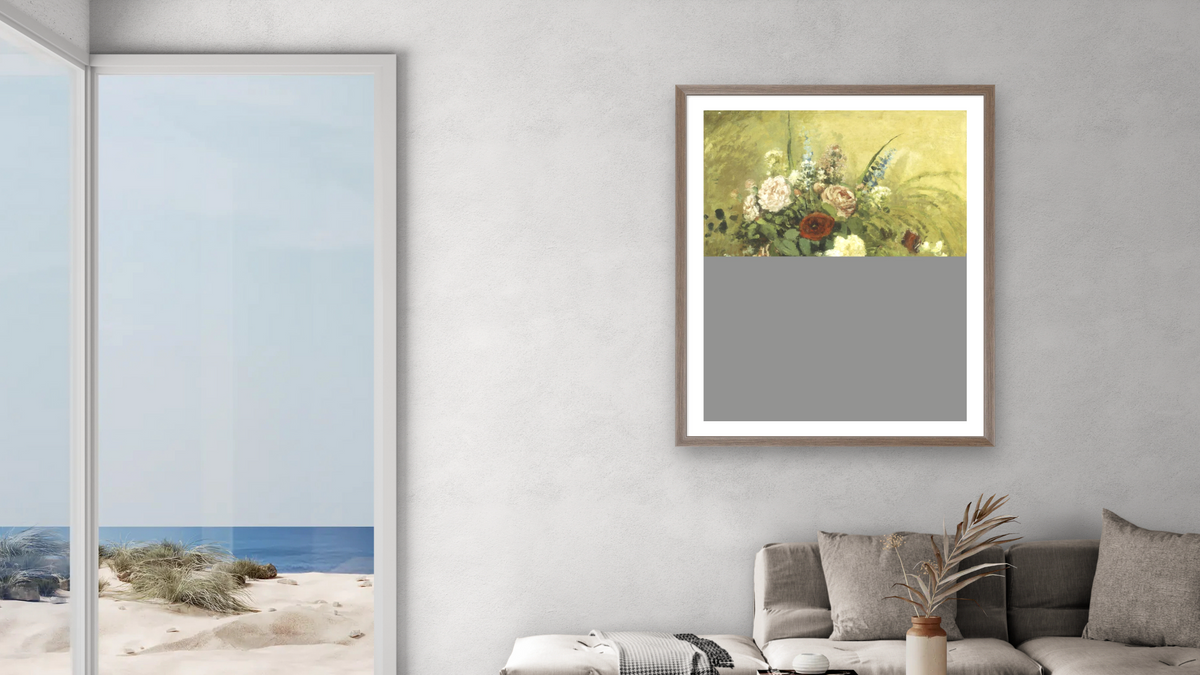 Bouquet of Flowers with a Rustic Wooden Jardiniere by Camille Pissarro, shown at 32 × 40 in (81.3 × 101.6 cm) in Arber Light Walnut, living