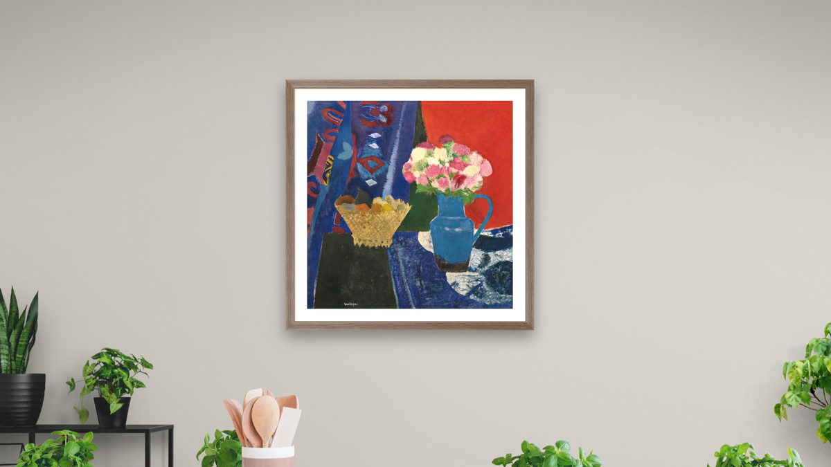 Bouquet Rose et Corbeille de Fruits by Guy Bardone, shown at 32 × 32 in (81.3 × 81.3 cm) in Arber Light Walnut, dining