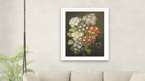 A Bouquet of Auriculas by Pierre Joseph Redouté, shown at 32 × 40 in (81.3 × 101.6 cm) in Arber Light Walnut, living [arteriel-render:v6:room_b:32x40@58,42]