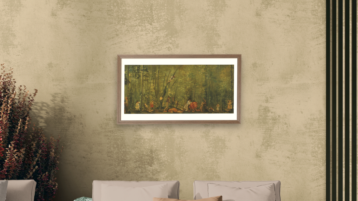 Springtime of Delight by Arthur Bowen Davies, shown at 20 × 40 in (50.8 × 101.6 cm) in Arber Light Walnut, living