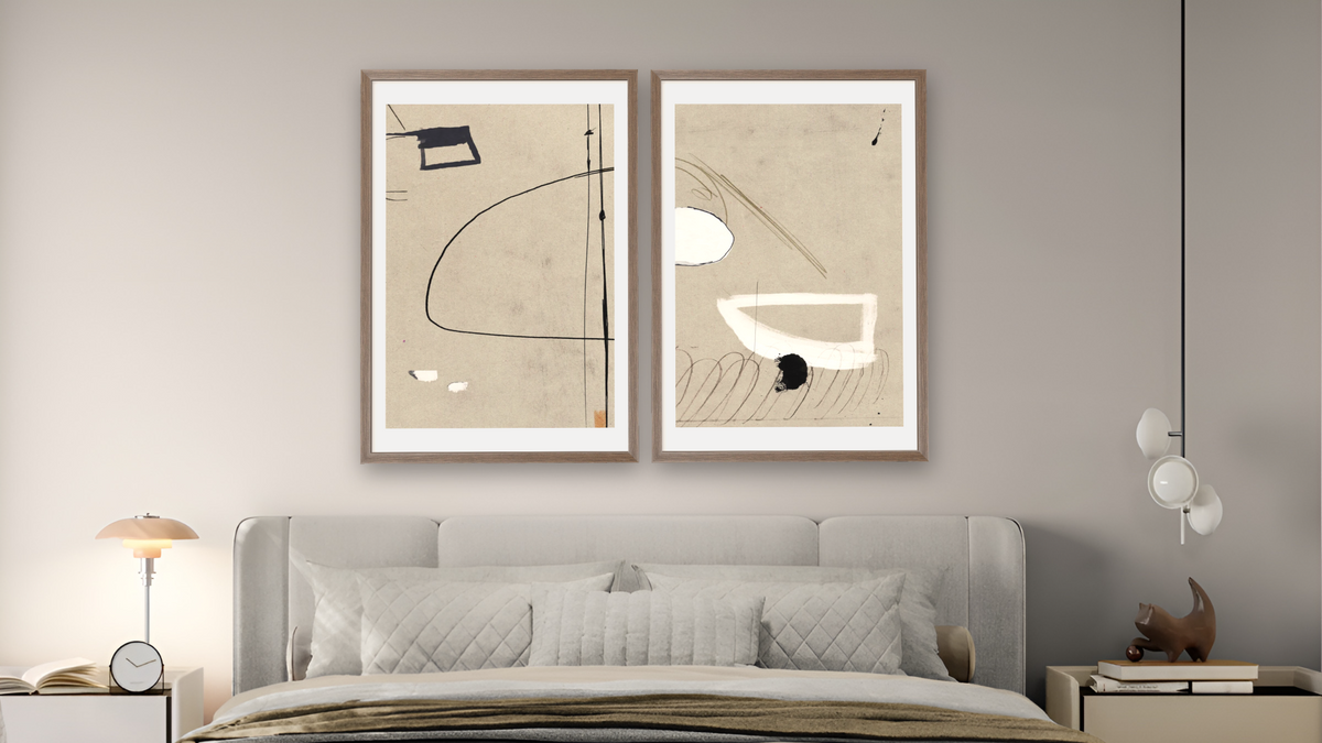 Diptych — Regenerate 1 × Regenerate 2, shown at 28 × 42 in (71.1 × 106.7 cm) in Arber Light Walnut, bedroom