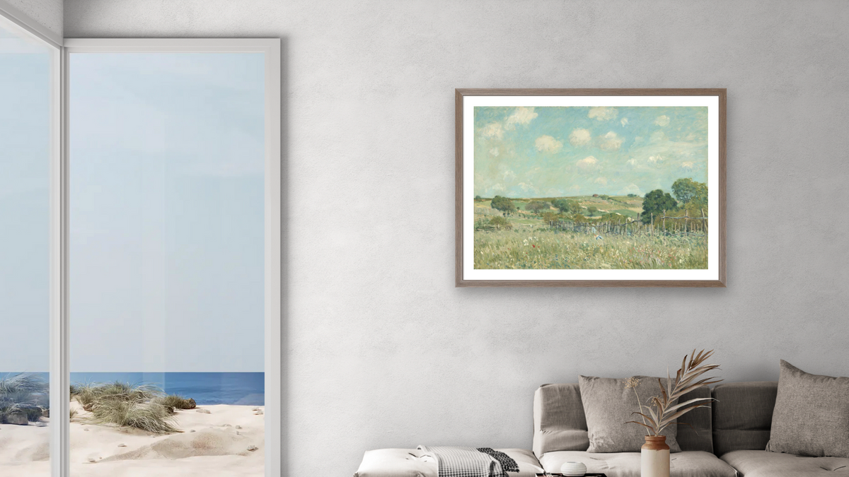 Meadow by Alfred Sisley, shown at 30 × 40 in (76.2 × 101.6 cm) in Arber Light Walnut, living