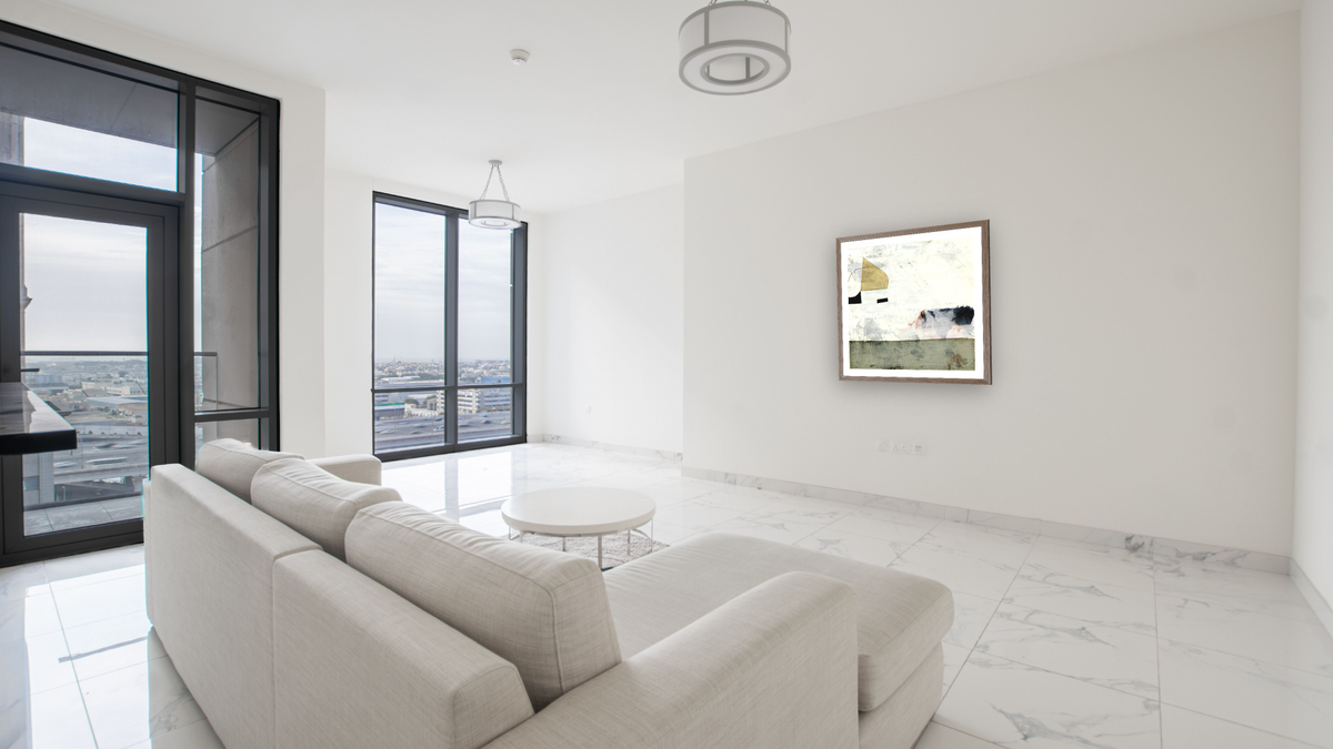 Courtyard by Dan Hobday, shown at 32 × 32 in (81.3 × 81.3 cm) in Arber Light Walnut, living
