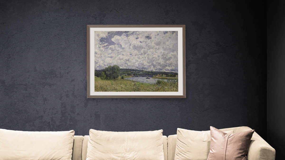 The Seine at Suresnes by Alfred Sisley, shown at 32 × 40 in (81.3 × 101.6 cm) in Arber Light Walnut, living