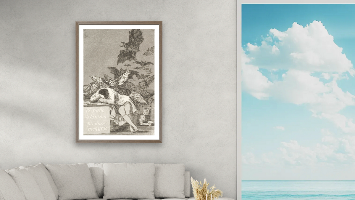 The sleep of reason produces monsters (No. 43), from Los Caprichos by Francisco de Goya, shown at 28 × 42 in (71.1 × 106.7 cm) in Arber Light Walnut, living