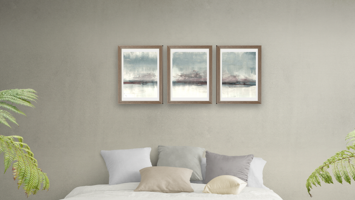 Triptych — Drama 1 × Drama 2 × Drama 3, shown at 14 × 21 in (35.6 × 53.3 cm) in Arber Light Walnut, bedroom