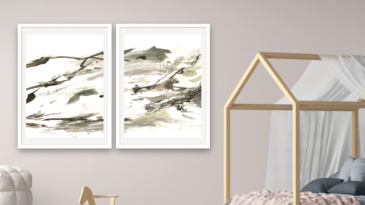 Diptych — Bot 1 × Bot 2, shown at 28 × 42 in (71.1 × 106.7 cm) in Arber Light Walnut, bedroom