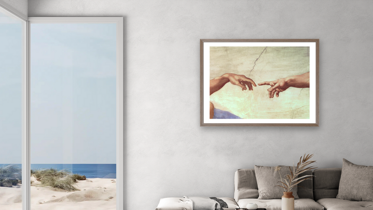 Hands of God and Adam, detail from The Creation of Adam, from the Sistine Ceiling (pre restoration) by Michelangelo Buonarroti, shown at 30 × 40 in (76.2 × 101.6 cm) in Arber Light Walnut, living
