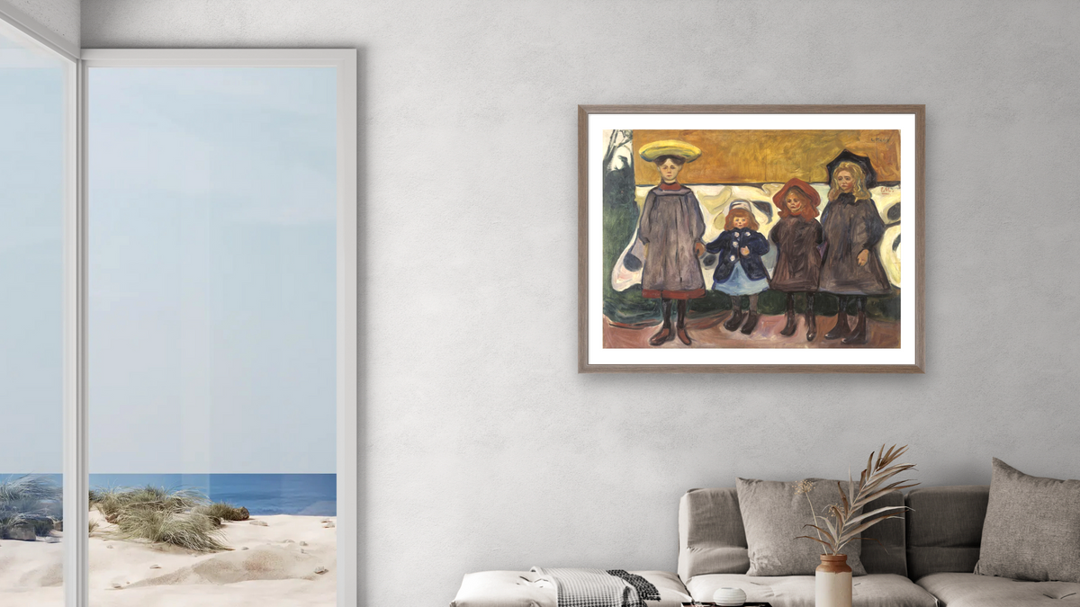 Four Girls in Åsgårdstrand by Edvard Munch, shown at 32 × 40 in (81.3 × 101.6 cm) in Arber Light Walnut, living