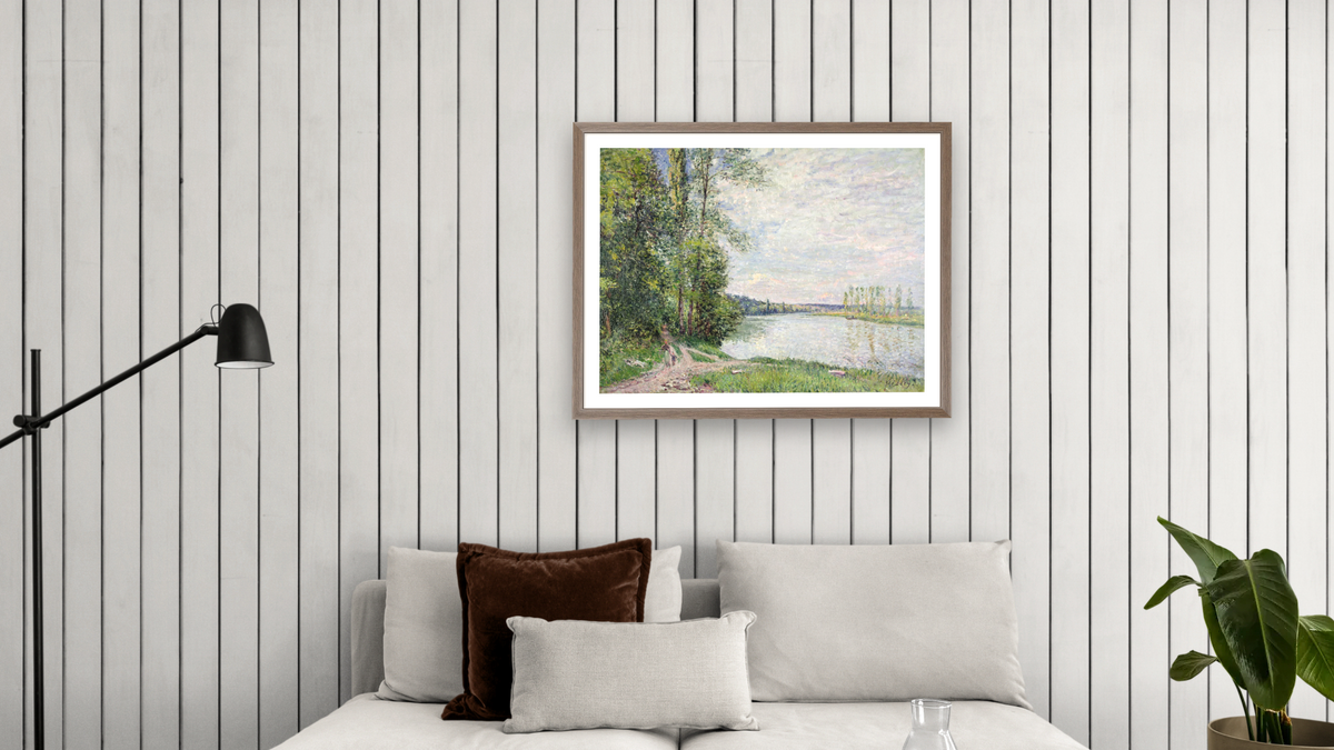 The Riverside Road from Veneux to Thomery by Alfred Sisley, shown at 30 × 40 in (76.2 × 101.6 cm) in Arber Light Walnut, living