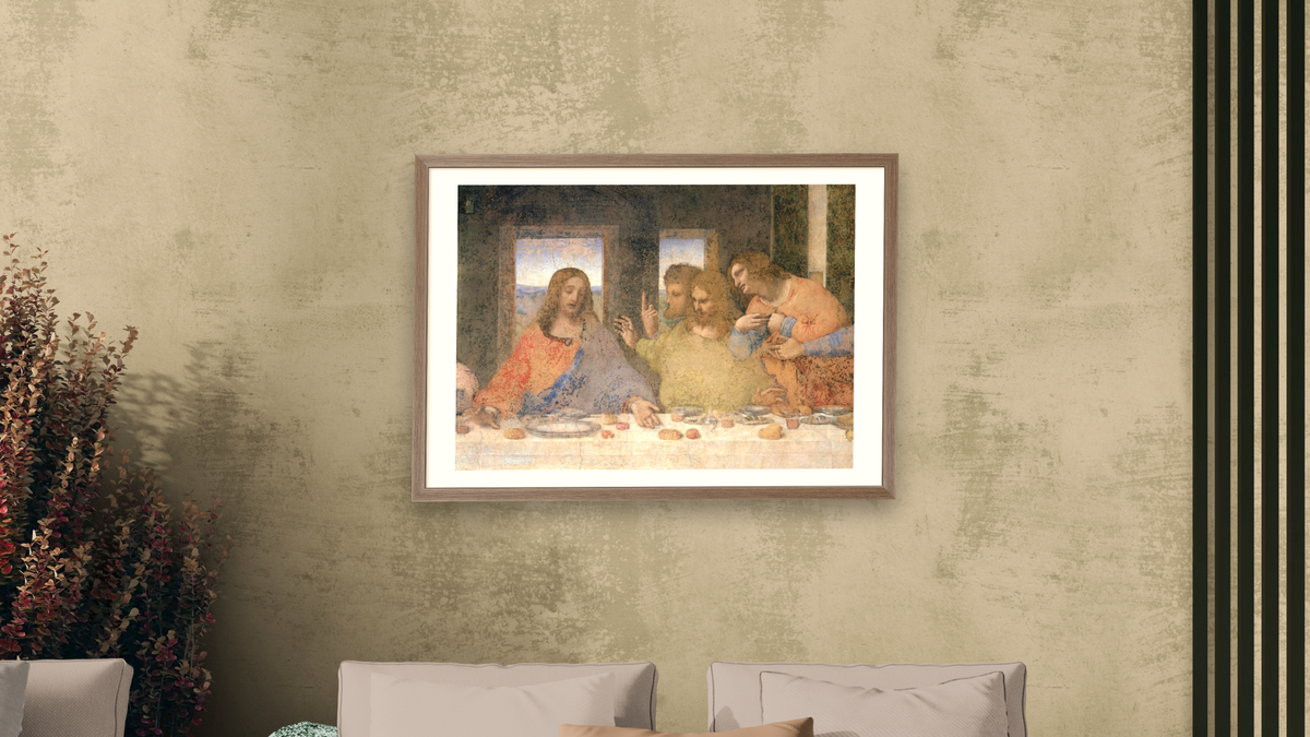 The Last Supper by Leonardo da Vinci, shown at 28 × 42 in (71.1 × 106.7 cm) in Arber Light Walnut, living