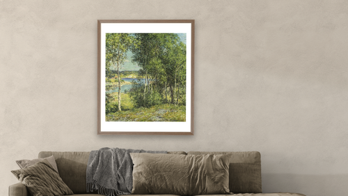 A Family of Birches by Willard LeRoy Metcalf, shown at 32 × 40 in (81.3 × 101.6 cm) in Arber Light Walnut, living [arteriel-render:v6:room_b:32x40@42,39]