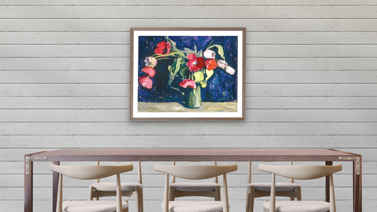Still Life with Flowers (tulips) by Jane Peterson, shown at 32 × 40 in (81.3 × 101.6 cm) in Arber Light Walnut, dining