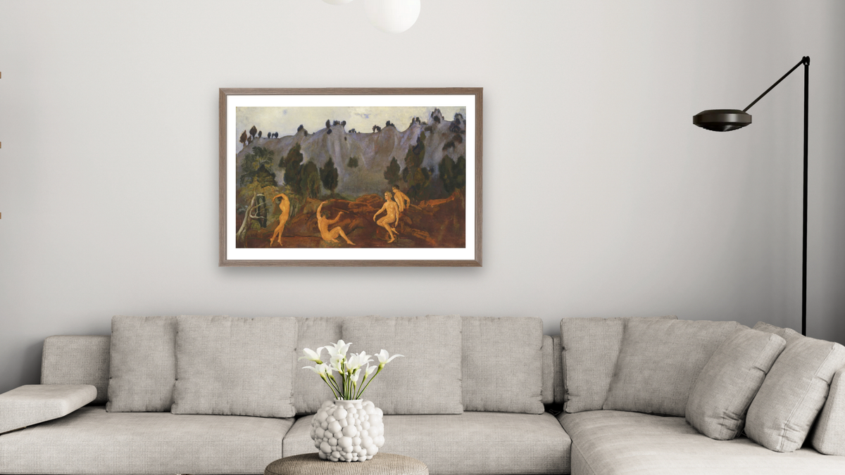 The Hesitation of Orestes by Arthur Bowen Davies, shown at 28 × 42 in (71.1 × 106.7 cm) in Arber Light Walnut, living