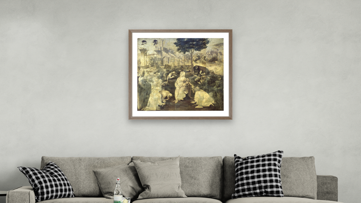 The Adoration of the Magi by Leonardo da Vinci, shown at 32 × 32 in (81.3 × 81.3 cm) in Arber Light Walnut, living