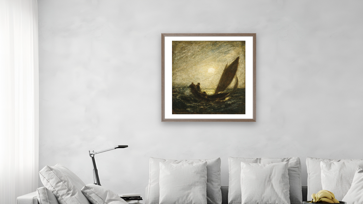 With Sloping Mast and Dipping Prow by Albert Pinkham Ryder, shown at 32 × 32 in (81.3 × 81.3 cm) in Arber Light Walnut, living