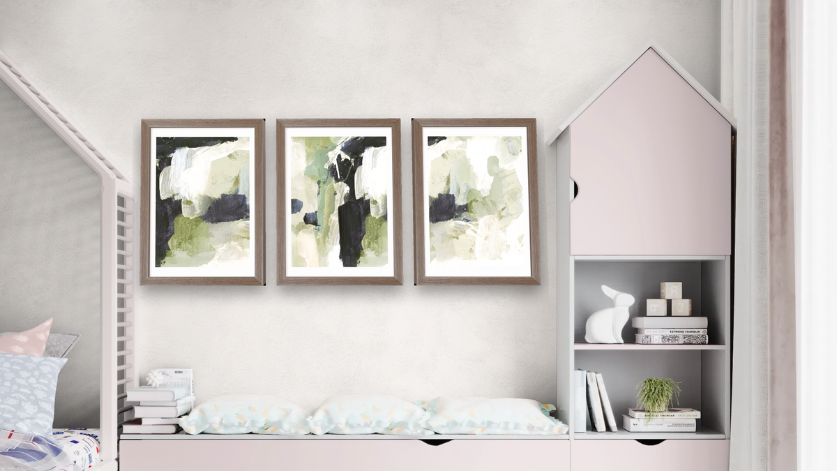 Triptych — Lush 1 × Lush 2 × Lush 3, shown at 14 × 21 in (35.6 × 53.3 cm) in Arber Light Walnut, bedroom