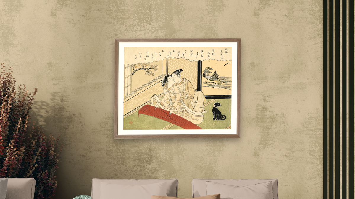 Geese descending on the Koto Bridges, illustration from the series 'Eight fashionable parlour views', shown at 30 × 40 in (76.2 × 101.6 cm) in Arber Light Walnut, living